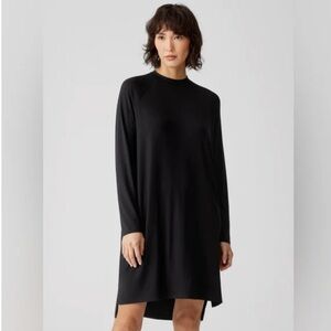Eileen Fisher 100% Silk Black Georgette Crepe Long Sleeve Round Neck Tunic Dress